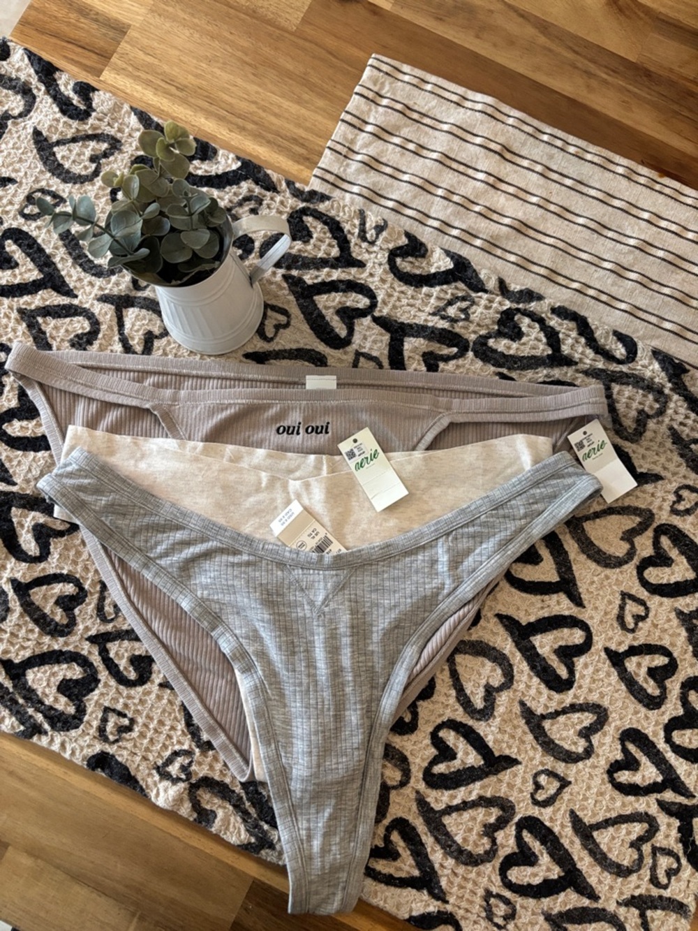 aerie Women's Neutral Ribbed Bikini Panty Trio - Gray, Beige, Taupe